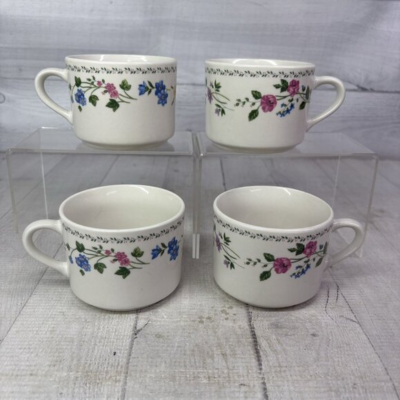 Farberware ENGLISH GARDEN Pink Blue Floral Rim Stoneware 8 oz Flat Cups Set of 4 - Picture 2 of 16